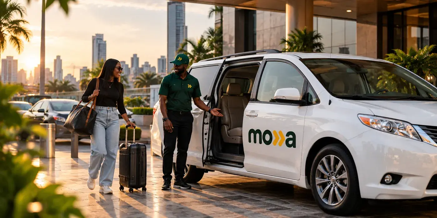 A Movva driver in a green uniform holds the door of a white Movva car open for a passenger arriving with her suitcase.
